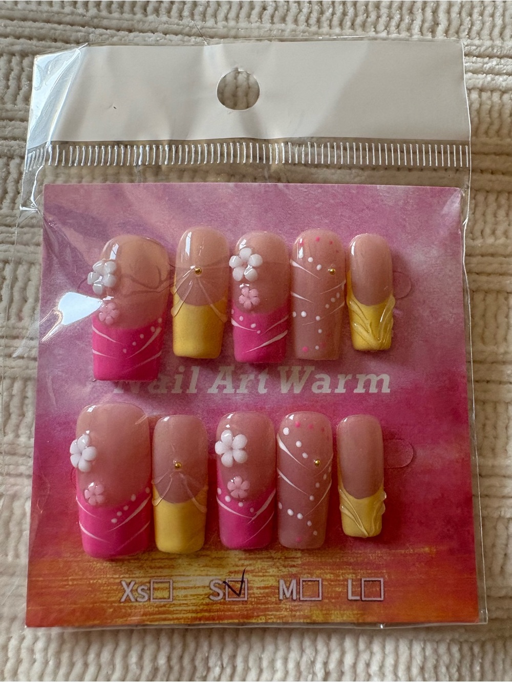 Warm Pink & Yellow Floral Press-On Nails size Small